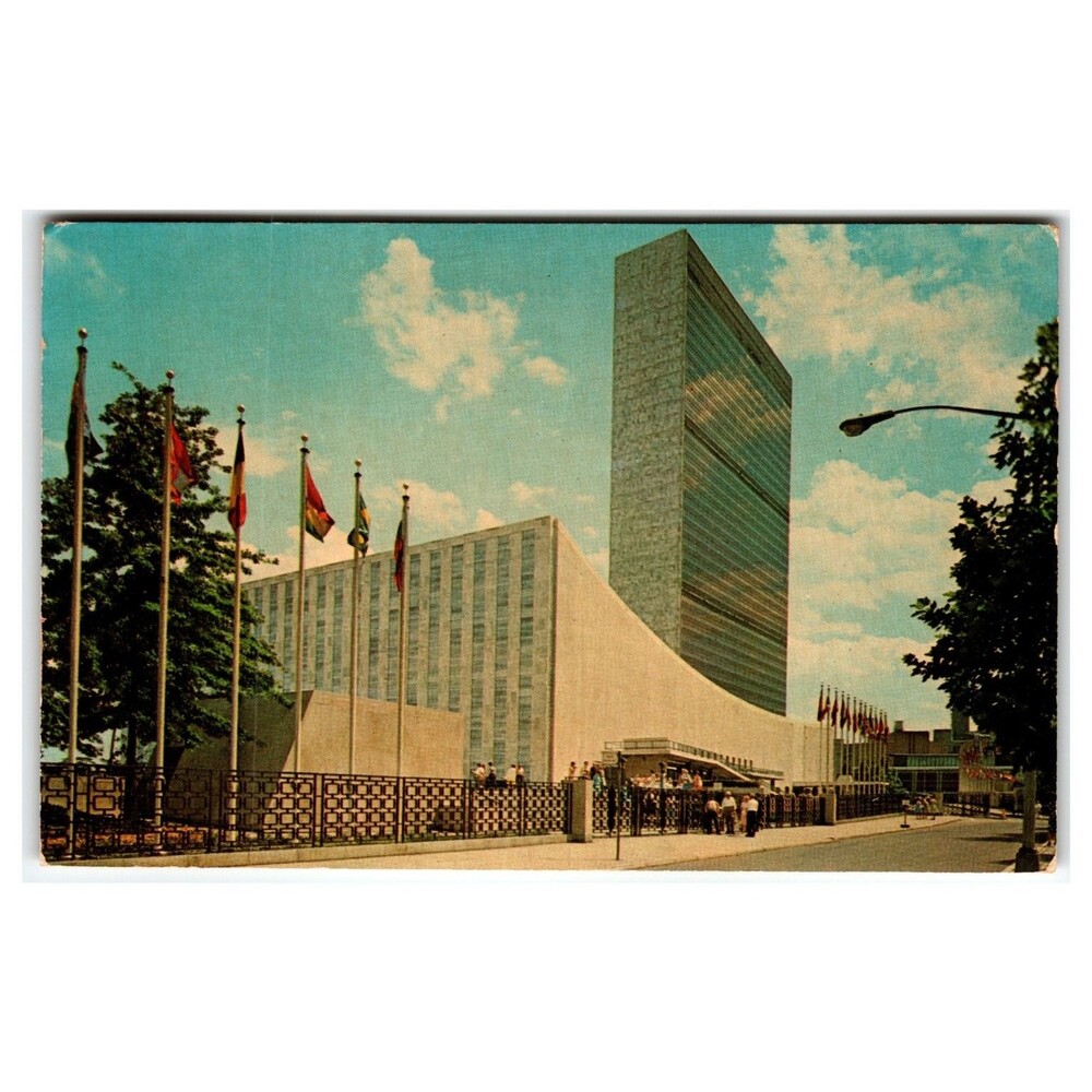 Vintage UN Headquarters NYC Postcard - Secretariat Building, Flags, 1954